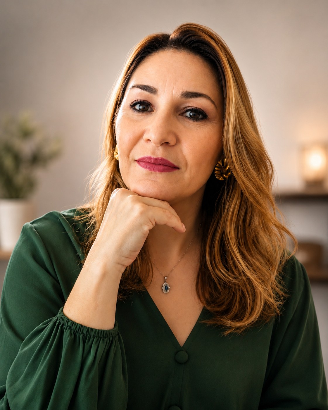 Maristela Rosa Guedes em seu consultório, olhando para a câmera